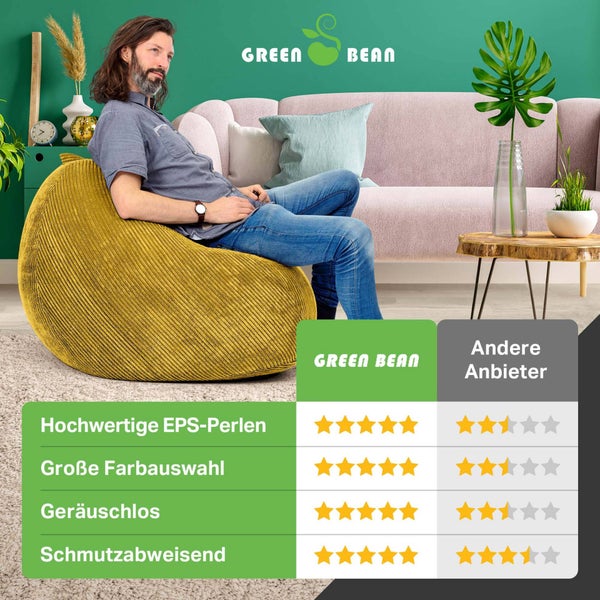 Green Bean Indoor Sitzsack 90x110cm EPS-Perlen Füllung & Cordstoff Kuschelig Weich Waschbar - Drinnen Bodenkissen Liegekissen Sitzkissen Sitzhocker Relax-Sessel Kinder Erwachsene Stoff Gelb