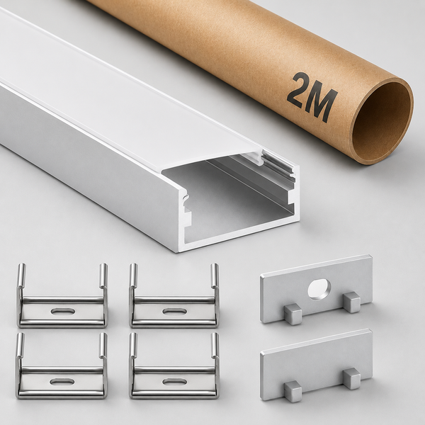 LED Aluminiumprofil für Lichtbänder mit Diffusor, Befestigungsclips und Endkappen, zwei Meter Länge inklusive Transportrolle.