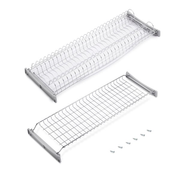 Abtropfgestell Set zum Einbau in Küchenschränke, bestehend aus Tellerhalter, Tassenablage und Montageschrauben.