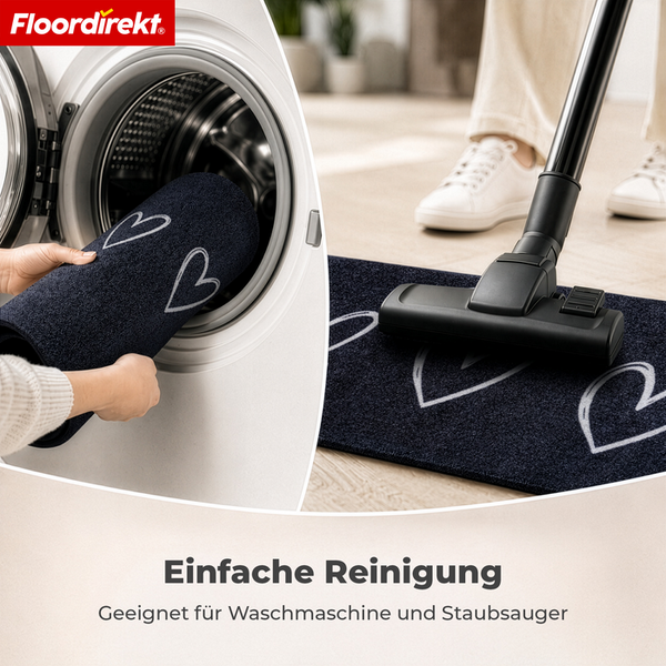 Fußmatte mit Herzmotiv wird in Waschmaschine gelegt und mit Staubsauger gereinigt, mit Floordirekt Logo, geeignet für einfache Reinigung.
