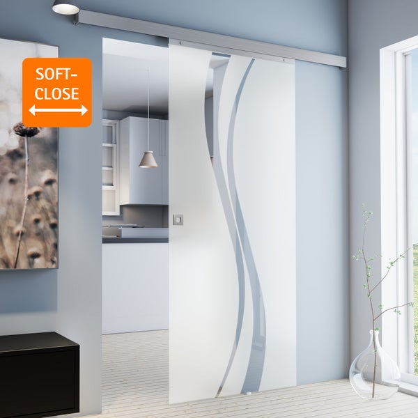 Tür Schiebetür Komplettset Glas wellenförmig 880x2035 Zimmertür Glasschiebetür -  Quadratgriff+2seitiger Softclose