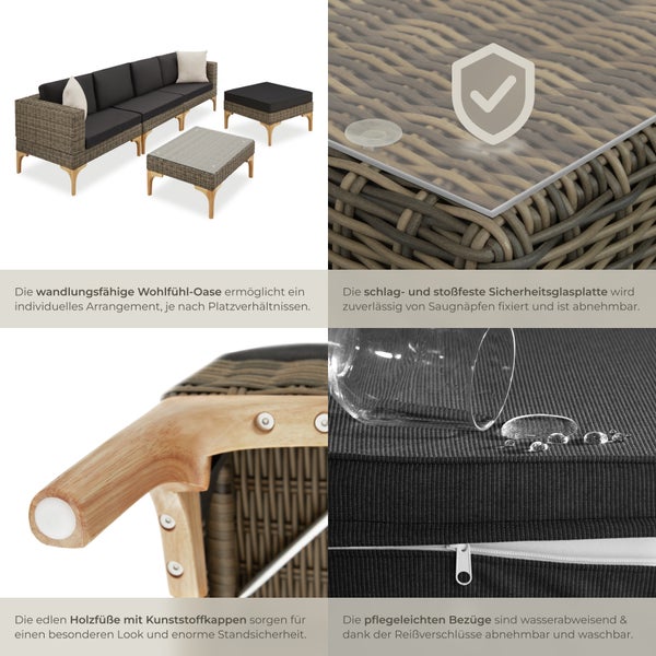 Gartenmöbel-Set mit Sofa, Sesseln und Tisch mit Glasplatte