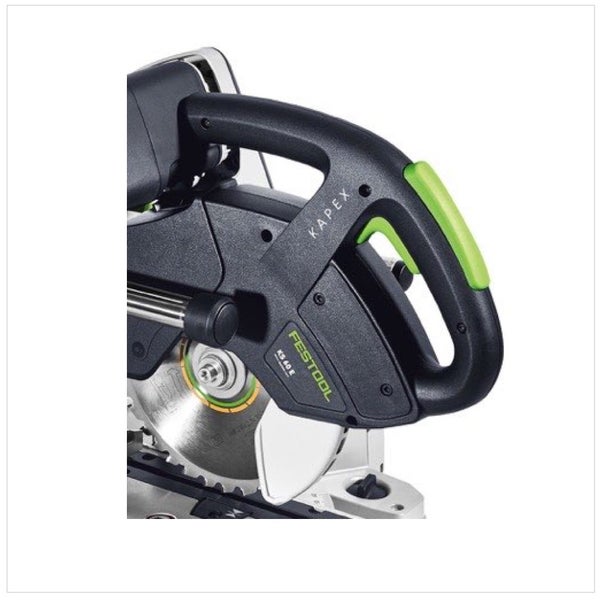 Festool Kapp-Zugsäge Kapex KS 60 E, Detailansicht von Handgriff und Sägeblatt