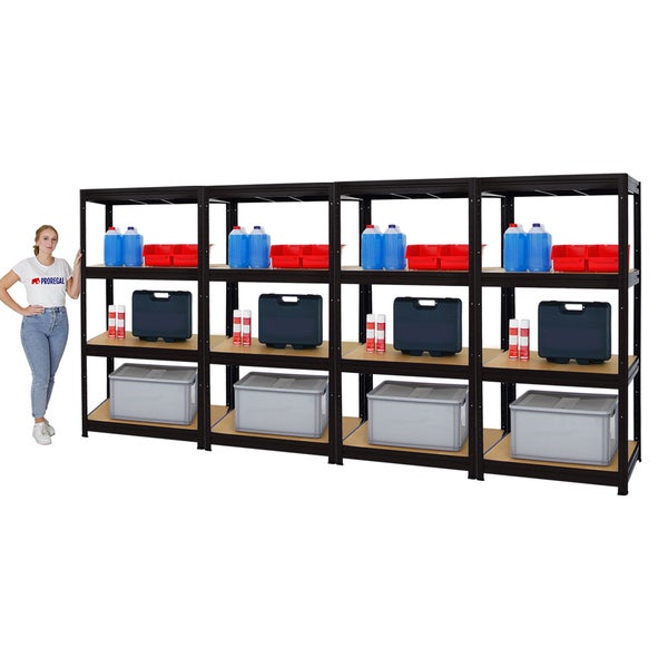 PROREGAL Mega Deal 4er-Sparset Profi-Schwerlastregal DINO HxBxT 180x90x60cm Fachlast 600kg Schwarz