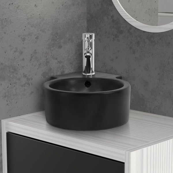 ML-Design hoekwastafel zwart keramiek 45 x 36 x 13 cm rond met afvoerset wandmontage hoekmodel overloop waskom badkamermeubel handwasbak moderne wastafel voor muurbevestiging compact wasmeubel