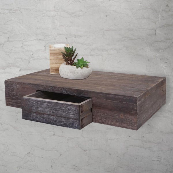 Wandregal aus Holz mit Schublade und Dekoration