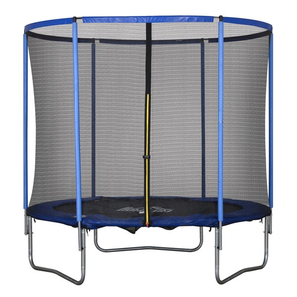 HOMCOM Fitnesstrampolin mit Sicherheitsnetz, Gartentrampolin für Innen- und Außenbereich, bis 113,6 kg für Kinder und Erwachsene, Ø244 x 240H cm, Stahl, Blau+Schwarz