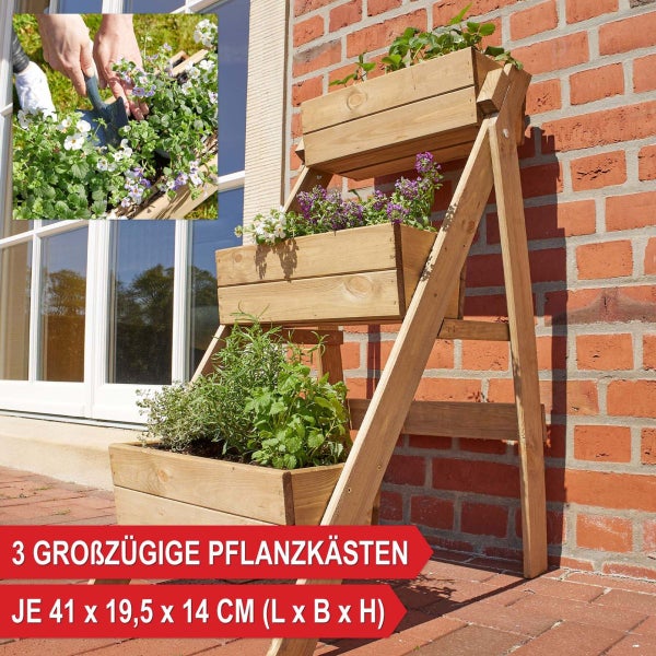 Dreistufige Pflanzleiter aus Holz mit drei geräumigen Pflanzkästen für Kräuter und Blumen, Maße pro Kasten 41 mal 19,5 mal 14 Zentimeter.