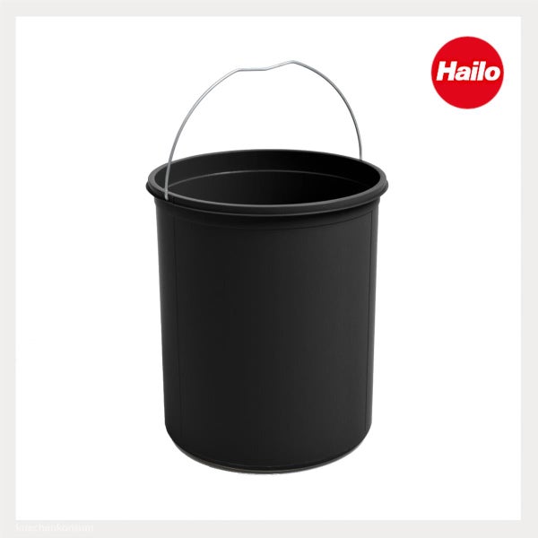 Schwarzer runder Kunststoffeimer mit Metallbügel für Hailo Abfallsammler und Hailo Logo.