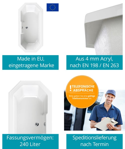 Calmwaters® Achteck Badewanne 180x90 cm, Acrylwanne Exclusive, Duo-Badewanne für zwei Personen, Maße 180 x 90 cm, 8-Eck-Badewanne, Achteckwanne, Duowanne in Weiß - 02SL3339