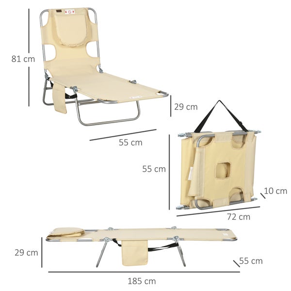 Dreiteilige Darstellung einer klappbaren Gartenliege mit Maßangaben in Zentimeter für Sitz- und Liegeposition sowie im zusammengeklappten Zustand.
