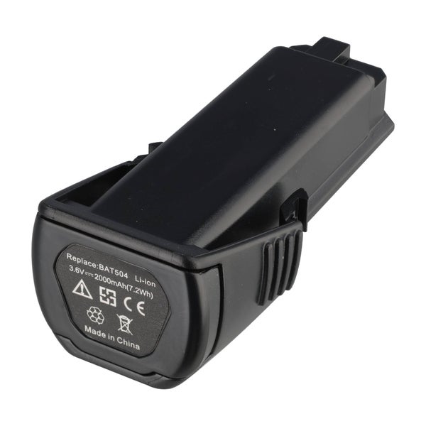 Lithium-Ionen-Akku 3,6 Volt, 2000 Milliamperestunden, Ersatz für Modell BAT504, Gehäuse aus schwarzem Kunststoff.