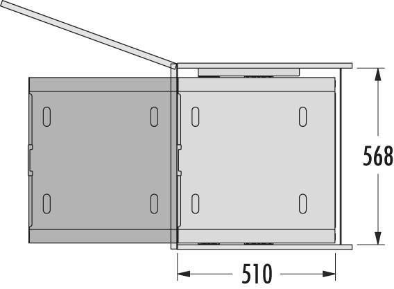 Maßzeichnung für Eckschrank-Auszug mit einer Tiefe von 568 Millimeter und einer Breite von 510 Millimeter.