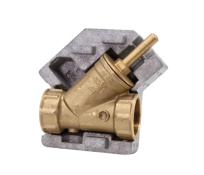 Schrägsitzventil aus Messing, Nennweite 50, DIN-geprüft, in Transportschutz aus Styropor.