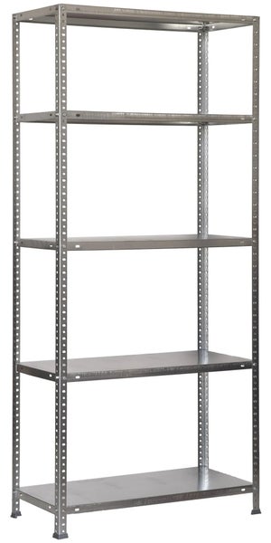 Stabiles Metallregal mit fünf Böden, verzinkte Oberfläche, geeignet als Kellerregal oder Werkstattregal.