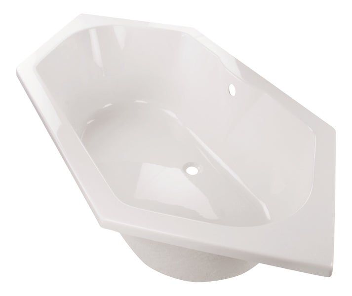 Sechseckige Badewanne in Weiß mit mittigem Abfluss und Überlauf.