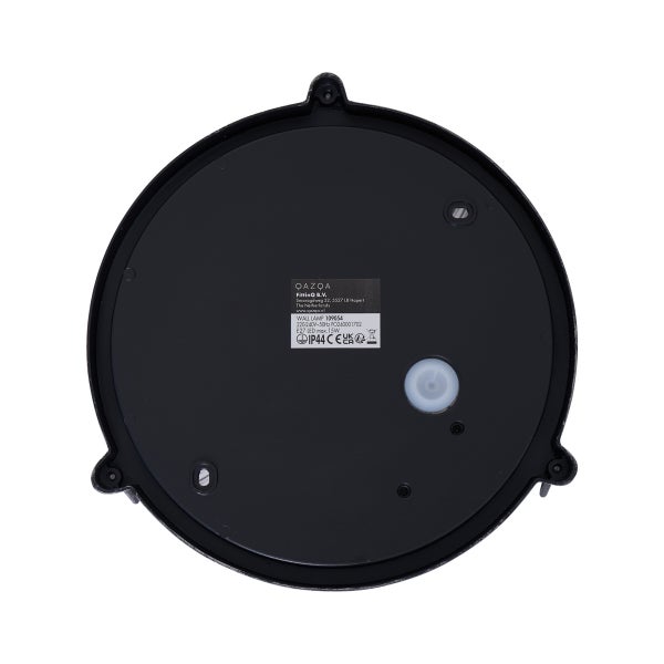 Rückansicht einer runden Wandleuchte mit Montageplatte, Kabeleinführung und technischem Typenschild.