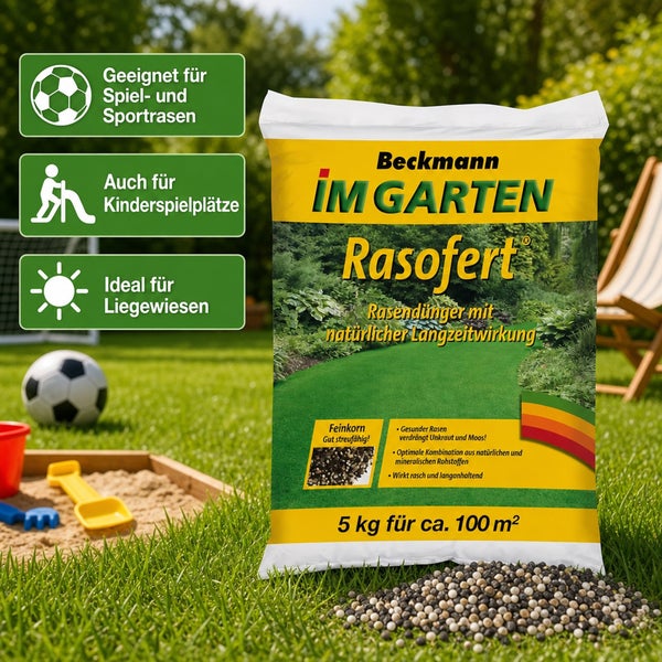 Ein Sack Beckmann Rasofert Rasendünger mit natürlicher Langzeitwirkung für 100 Quadratmeter, geeignet für Spielrasen und Kinderspielplätze.