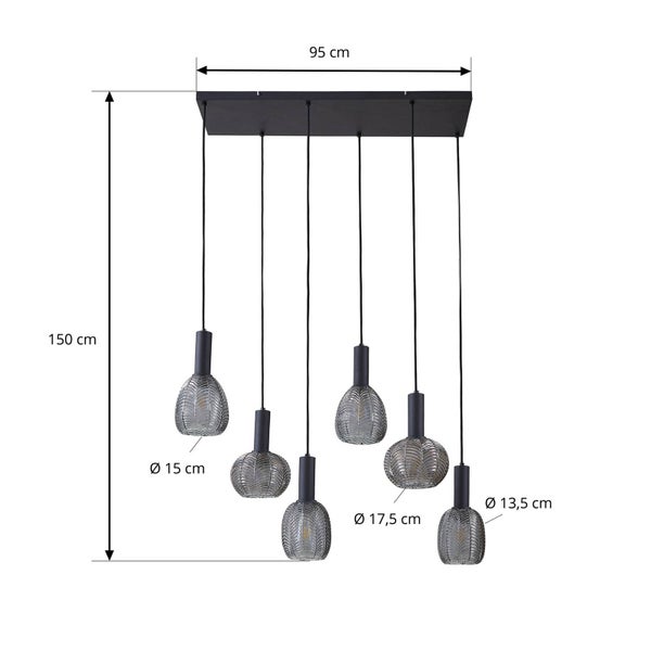 Hängeleuchte mit sechs Lampen und Größenangaben: 95 cm Breite und 150 cm Höhe