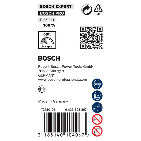 Bosch Expert, Bosch Pro, 100 Prozent Bosch, optimale niedrige Drehzahl, Papierverpackungskennzeichen, QR-Code, Bosch Firmeninformationen, Augenschutz tragen, Mundschutz tragen, Bohrtiefe einstellen, nicht schlagen, nicht für Hammerbohren geeignet, Barcode