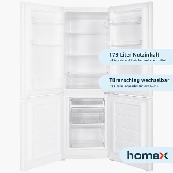 homeX Kühlschrank mit Gefrierfach Kühl-Gefrierkombination freistehend 173 Liter Nutzinhalt 40 dB CFS1110-W weiß