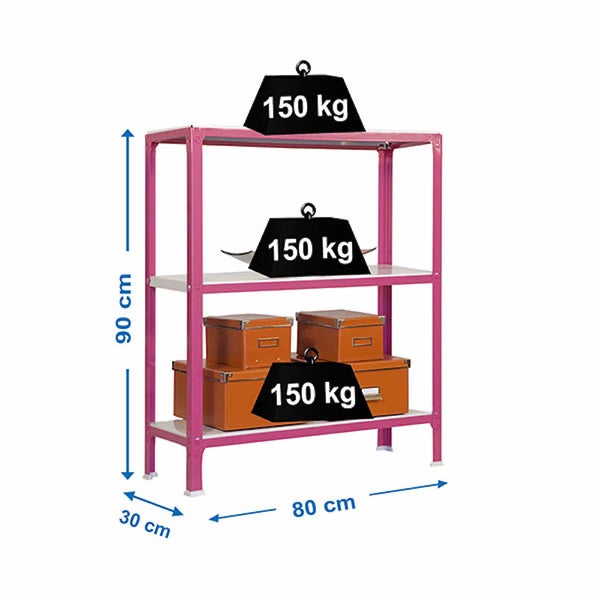 Rosa Metallregal, 90 Zentimeter hoch, 80 Zentimeter breit, 30 Zentimeter tief, 3 Böden mit 150 Kilogramm Tragkraft pro Boden.