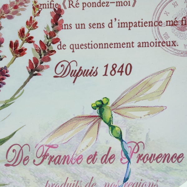 Dekoratives Wandbild mit Libellenmotiv, Lavendel und französischem Text im Vintage Design.