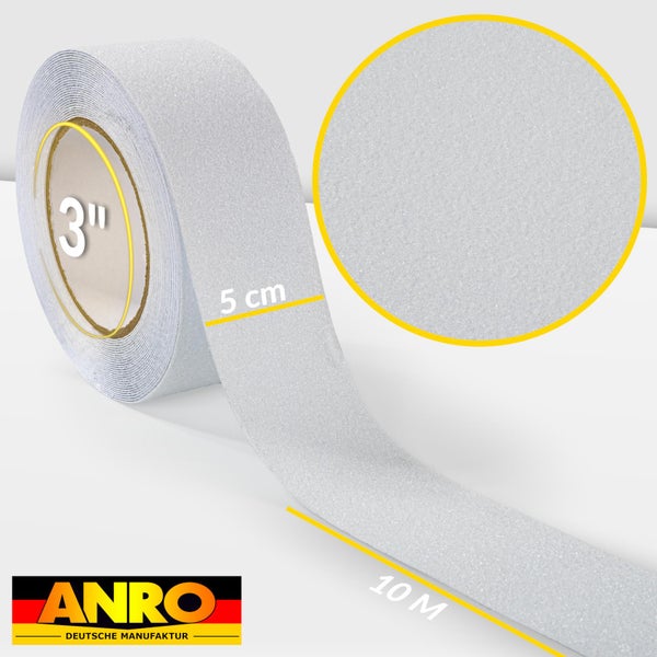 Antirutschband von ANRO, Breite 5 Zentimeter, Länge 10 Meter, strukturierte Oberfläche, Rollenkern 3 Zoll, ANRO Logo.