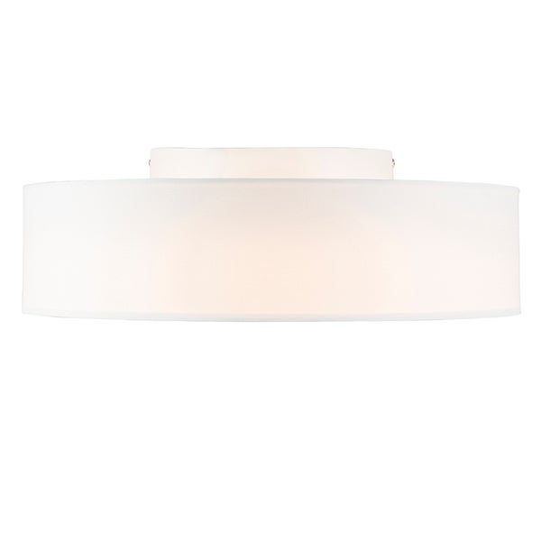 Runde Deckenleuchte mit weißem Textilschirm in flacher Zylinderform.