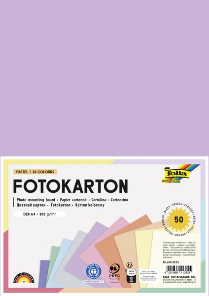 Packung Fotokarton in 10 Pastellfarben, 50 Blatt, Format DIN A4, 300 Gramm pro Quadratmeter, folia BRINGMANN Logo, Blauer Engel, PEFC.