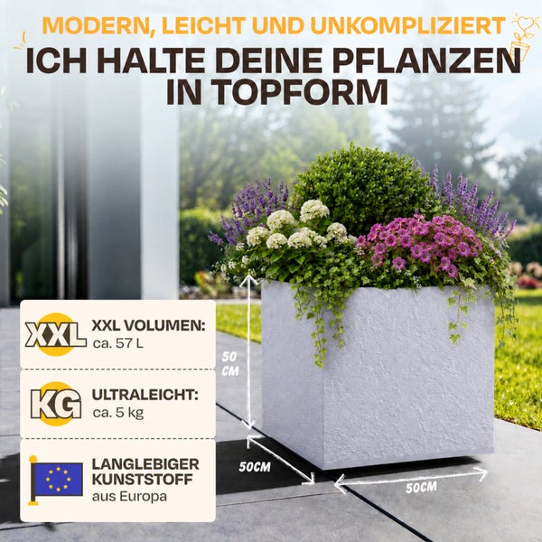 Strukturierter Kunststoff-Pflanzkübel aus Europa mit Pflanzen, Volumen circa 57 Liter, Gewicht circa 5 Kilogramm, Maße 50 mal 50 mal 50 Zentimeter.