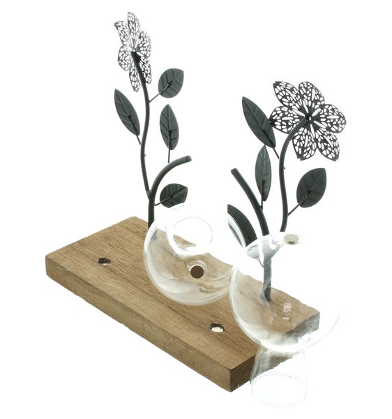 FRANK FLECHTWAREN | Board Väschen, METALL, HOLZ, GLAS, 22 x 8 x 16 cm, 2 Glasvasen Ø 6 x 10 cm