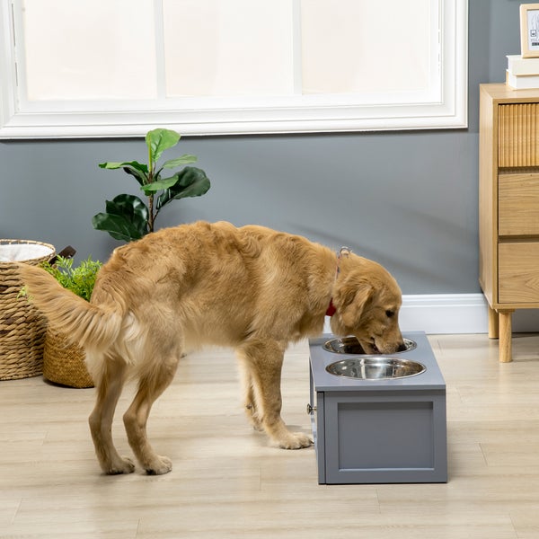 PawHut Hundenapf mit Schublade, erhöhter Fressnapf, Doppel Hundenapf aus Edelstahl, Futternapf für mittelgroße Hunde, Hunde Fressnapf mit Staumraum, Katzenapf, Futterstation, Grau