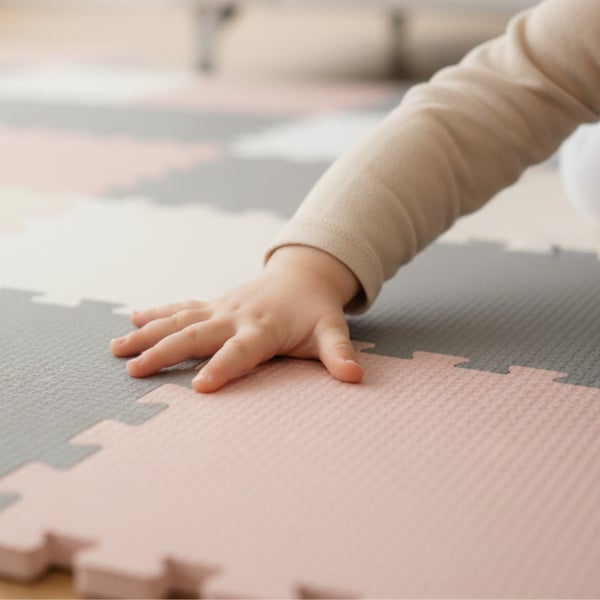 Kinderhand auf einer strukturierten Schaumstoff-Puzzlematte für den Innenbereich, weiche Bodenmatte für Spielbereiche.