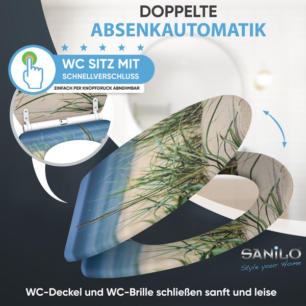 Sanilo WC Sitz mit Motiv Strand und Absenkautomatik sowie Schnellverschluss zum einfachen Abnehmen per Knopfdruck.