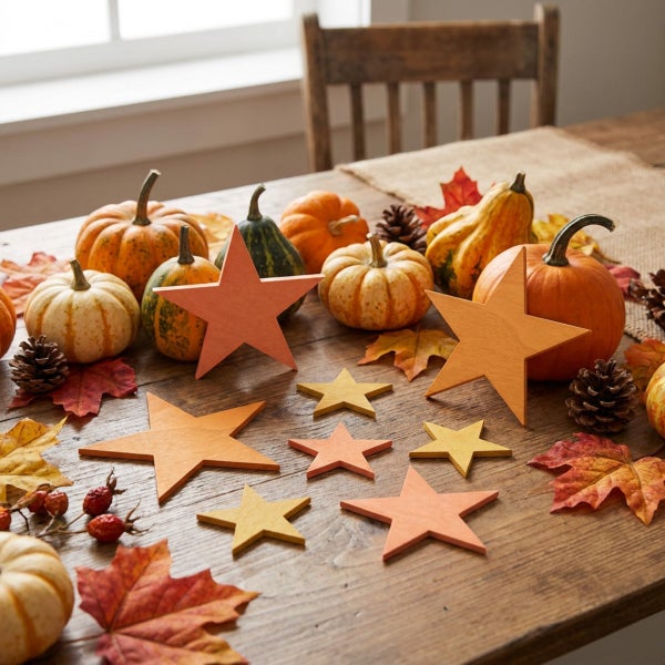 Herbstliche Tischdekoration aus Holzsternen, verschiedenen Kürbissen, Tannenzapfen und Ahornblättern auf einem Holztisch.