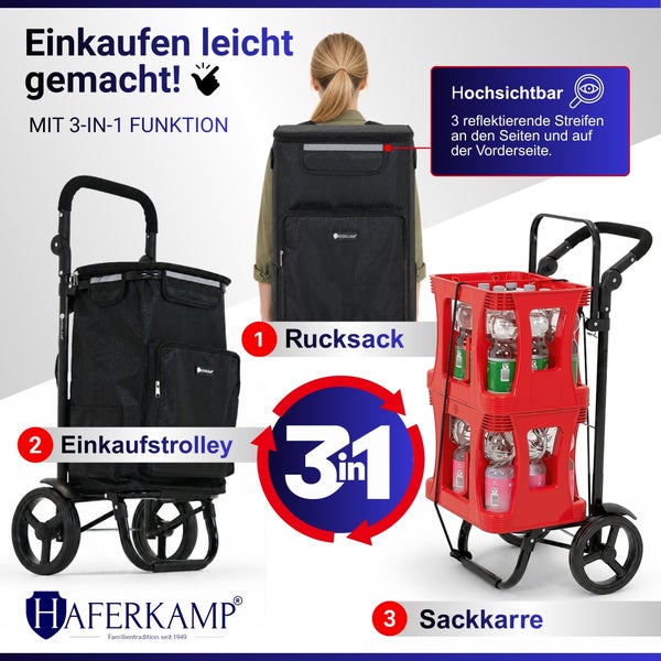 Haferkamp Einkaufsroller mit abnehmbarer Tasche, faltbarem Metallgestell und Maßen für die Tasche und den Trolley.