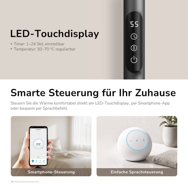 Smartes Heizsystem mit LED Touchdisplay, App Steuerung und Sprachsteuerung für eine regulierbare Temperatur von 30 bis 70 Grad Celsius.