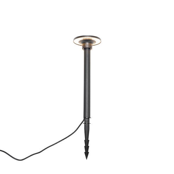 Moderne schwarze Gartenwegleuchte mit rundem Leuchtkopf, integrierter LED, Erdspieß und Stromkabel.