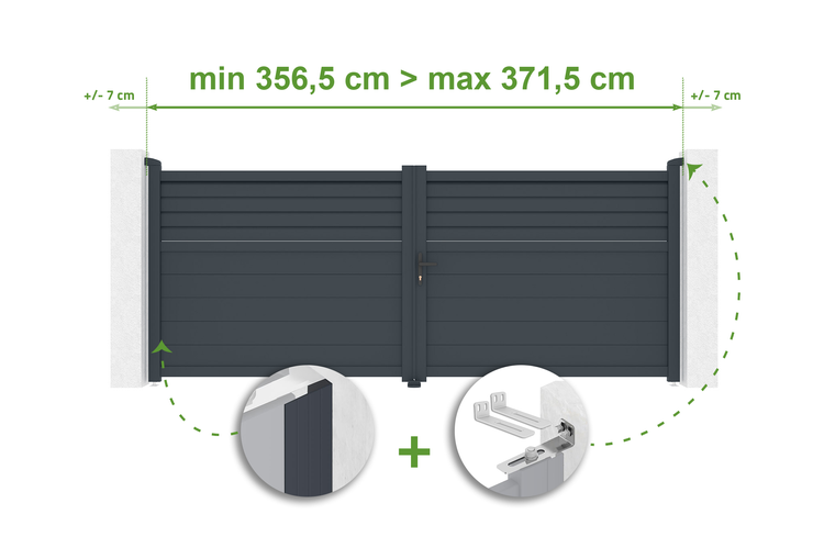 Darstellung der Torbreite mit den Maßen minimal 356,5 Zentimeter bis maximal 371,5 Zentimeter.