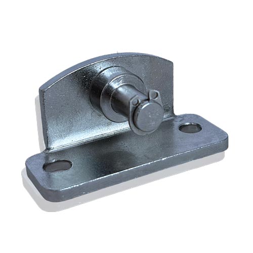 Metallbeschlag mit Bolzen und Sicherungsring für Montagezwecke.