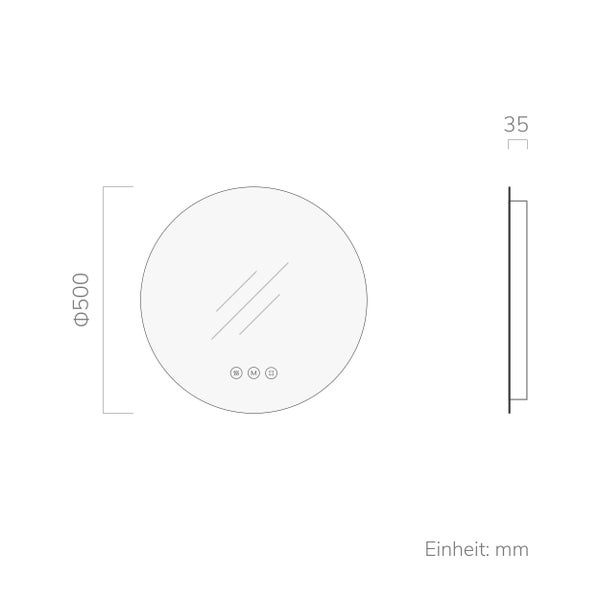Maßzeichnung eines runden Spiegels mit einem Durchmesser von 500 Millimetern und einer Tiefe von 35 Millimetern.