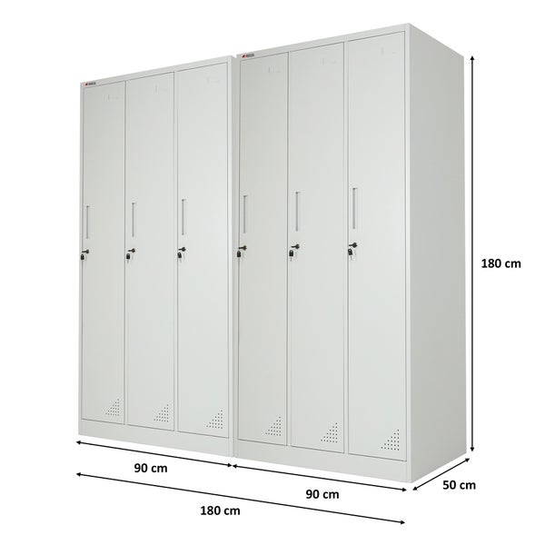 Metall-Spind mit 6 abschließbaren Türen in Grau, Maße 180 Zentimeter hoch, 180 Zentimeter breit und 50 Zentimeter tief.