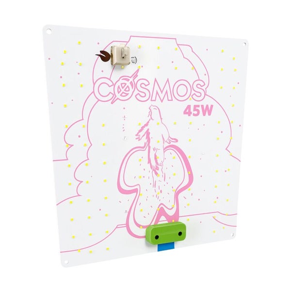 Cosmos LED-Pflanzenlampe 45 Watt, quadratisches Panel mit LED-Chips und rosa Grafik.