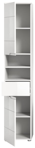 Hoher Badezimmerschrank in Weiß mit zwei Türen, einer Schublade und mehreren Regalfächern.