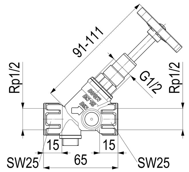 Maßzeichnung eines Schrägsitzventils mit Angaben zur Baulänge von 65 Millimetern und Anschlussgewinde Rp 1/2 Zoll.