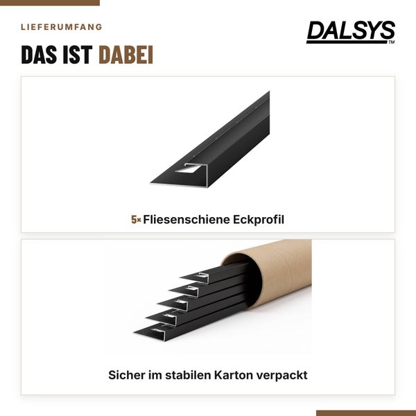 Lieferumfang mit fünf Dalsys Fliesenschienen Eckprofilen, sicher verpackt in einer stabilen Kartonrolle.