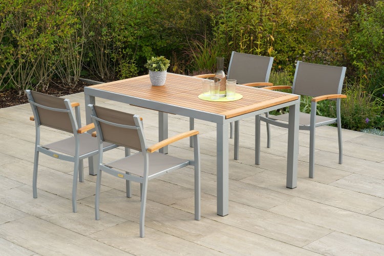 Naxos Gartenmöbelset 5tlg., 4 Stapelsessel, Ausziehtisch 150 (200) x 90 cm, taupe