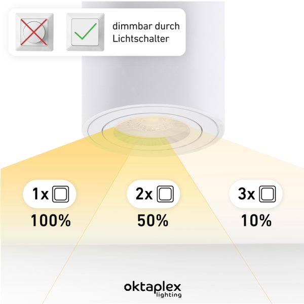 3 Stück Aufbauspot Weiß LED Modul 3-stufig dimmbar 4,8W 230V 2700K Warmweiß 80x85mm Aufputz Aufbaustrahler Lile M Alu schwenkbar