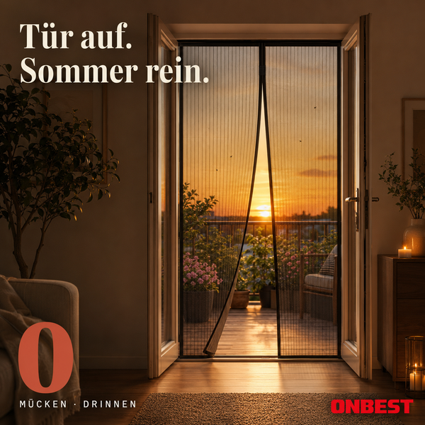 Offene Balkontür mit schwarzem Insektenschutzvorhang mit Magnetverschluss. Blick auf einen Balkon bei Sonnenuntergang. ONBEST Logo.